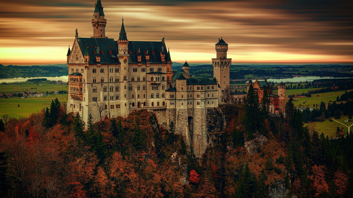 Castle, Old Architecture, Tree, Sunset, Wallpaper - Neuschwanstein Castle - HD Wallpaper 