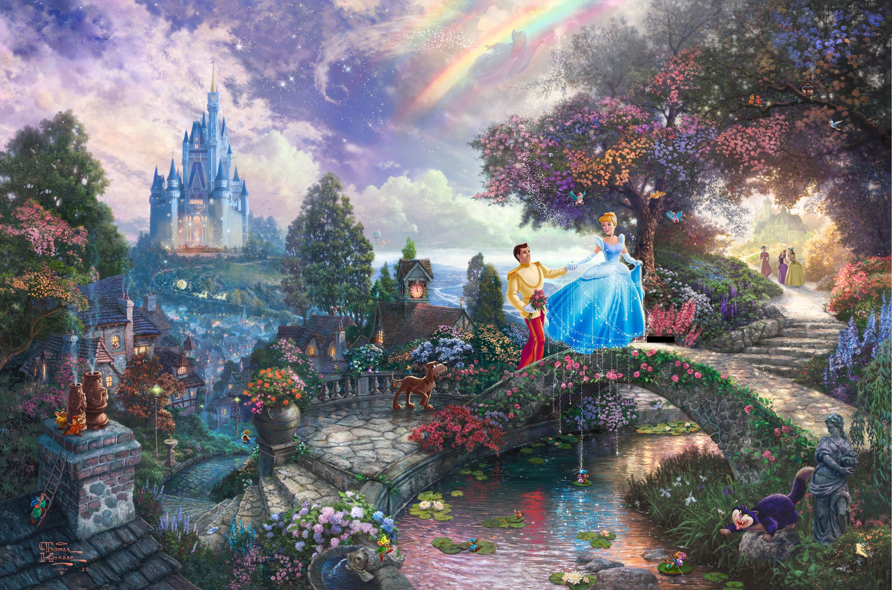 Cinderella Disney Castle Rainbow Drawing Hd Hd Wallpaper,drawing -  Cinderella Thomas Kinkade Painting - 970x606 Wallpaper 