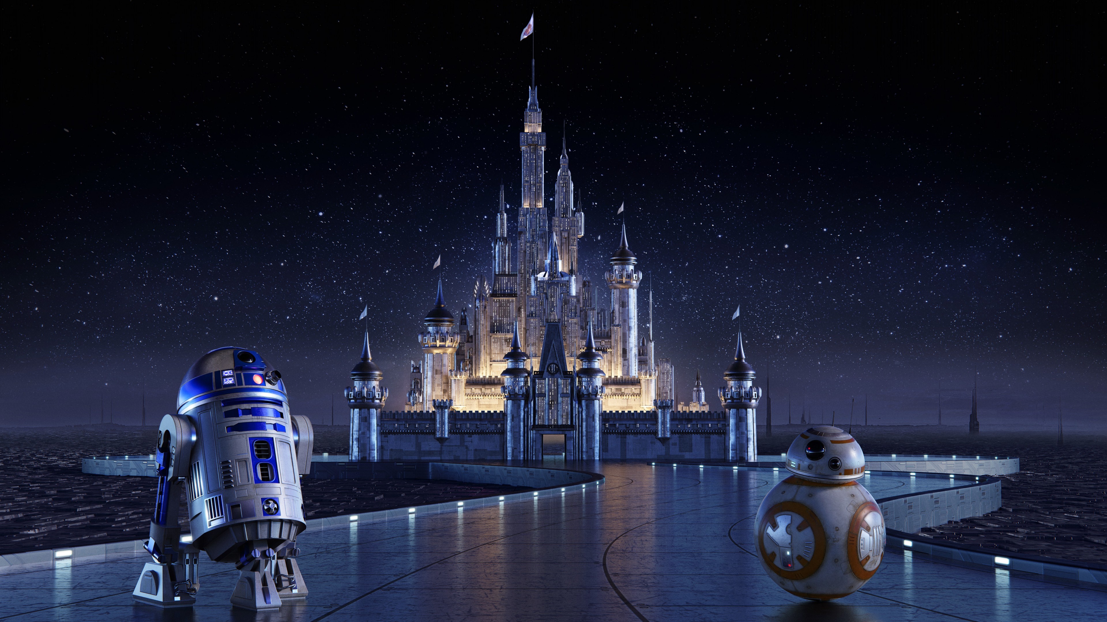 3840x2160, Disney Castle, R2 D2, Bb 8, Star Wars, Cinderella - 4k Disney Castle - HD Wallpaper 