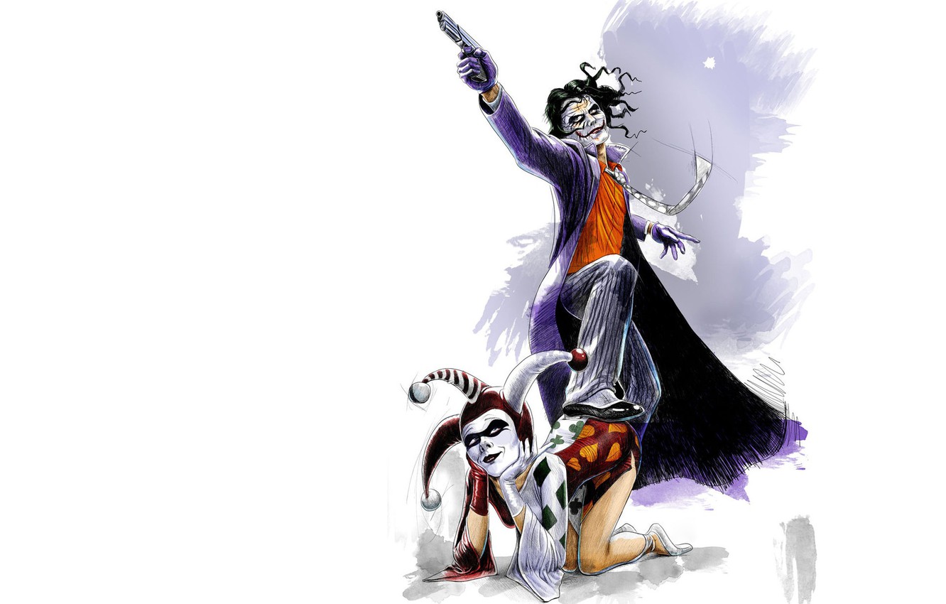 Photo Wallpaper Gun, Fantasy, Character, Minimalism, - Joker And Harley Quinn Art - HD Wallpaper 