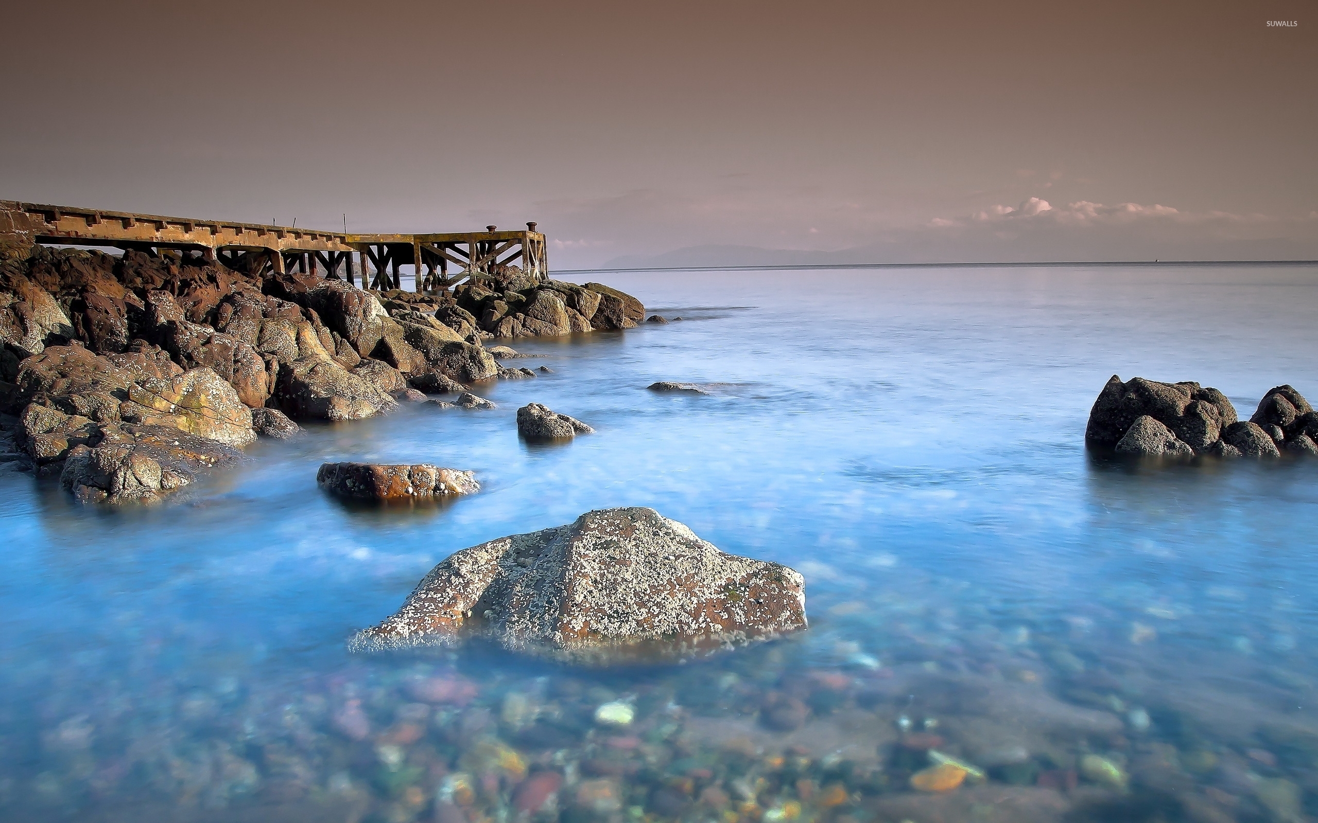 Pier On Rocky Shore - HD Wallpaper 