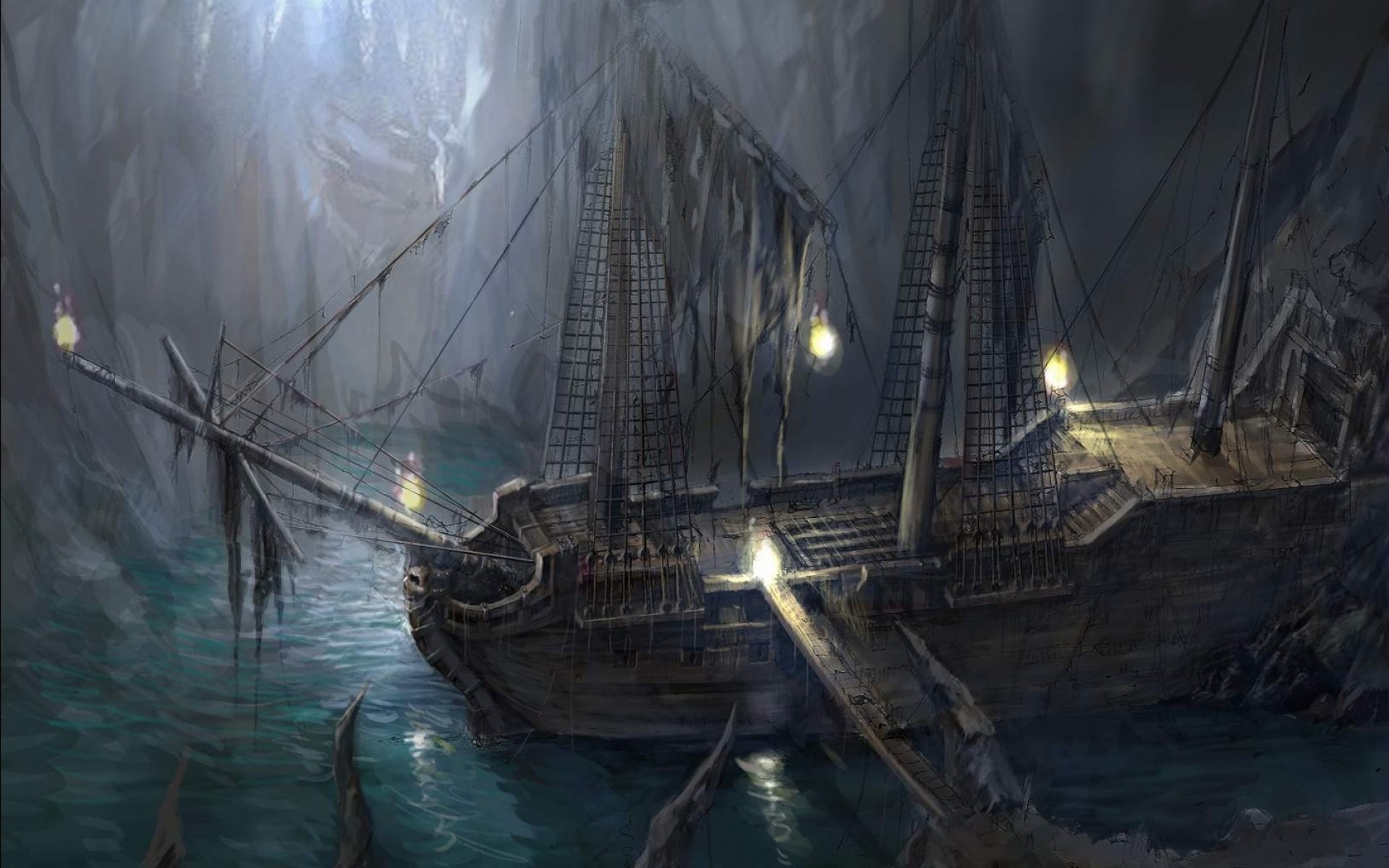Cave Pirate Ship Fantasy Art - HD Wallpaper 