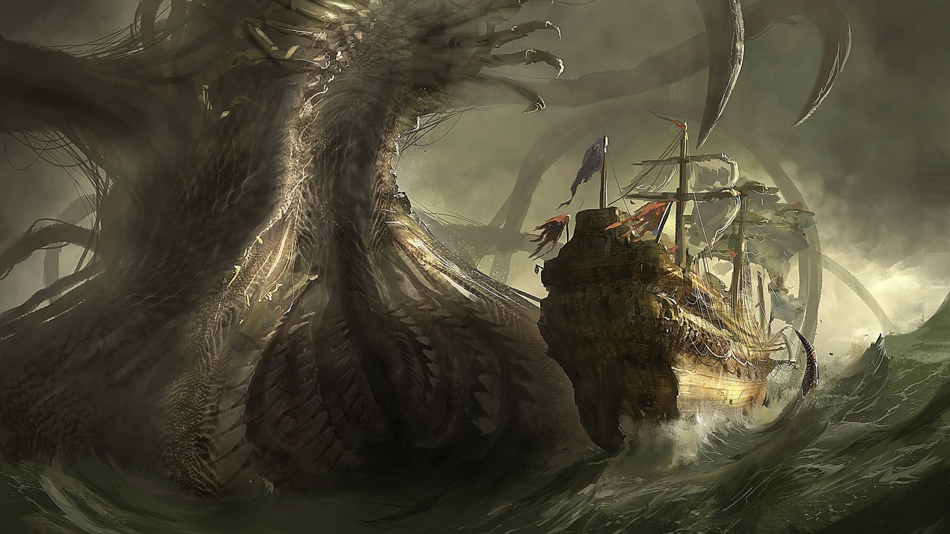 Open Mouth, Fantasy Art, Digital Art, Pixelated, Artwork, - Pirate Ship The Kraken - HD Wallpaper 