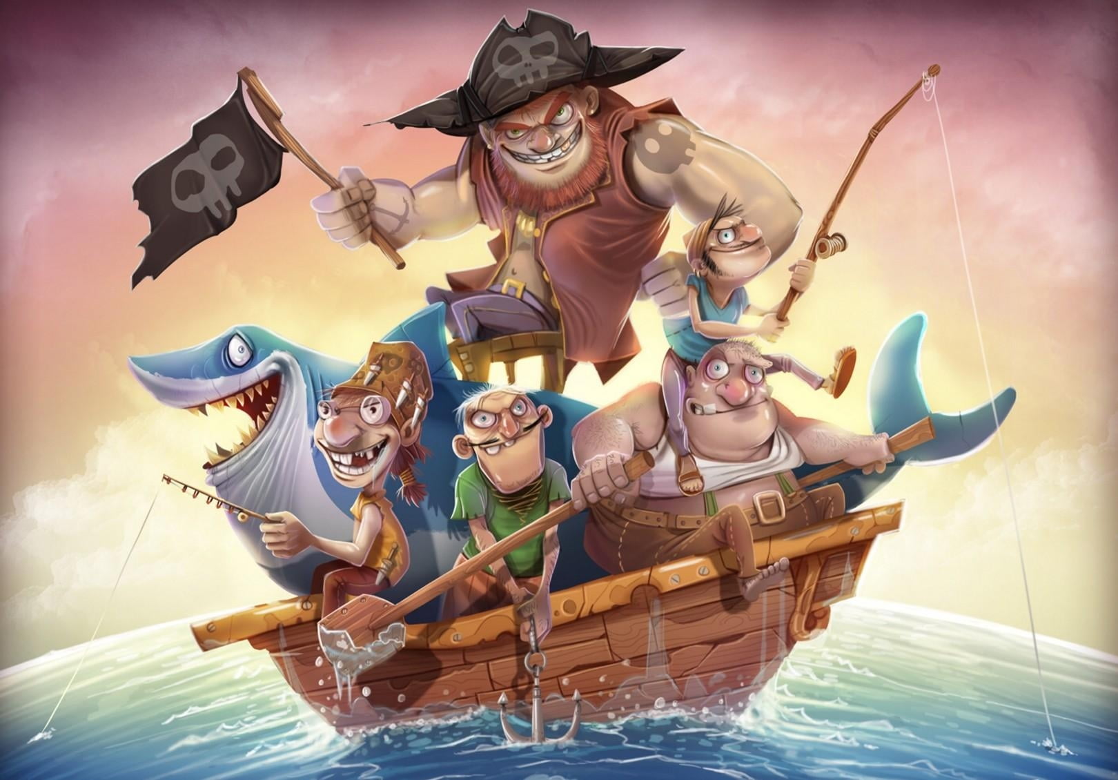 Pirate Boat Fish Cartoon - HD Wallpaper 