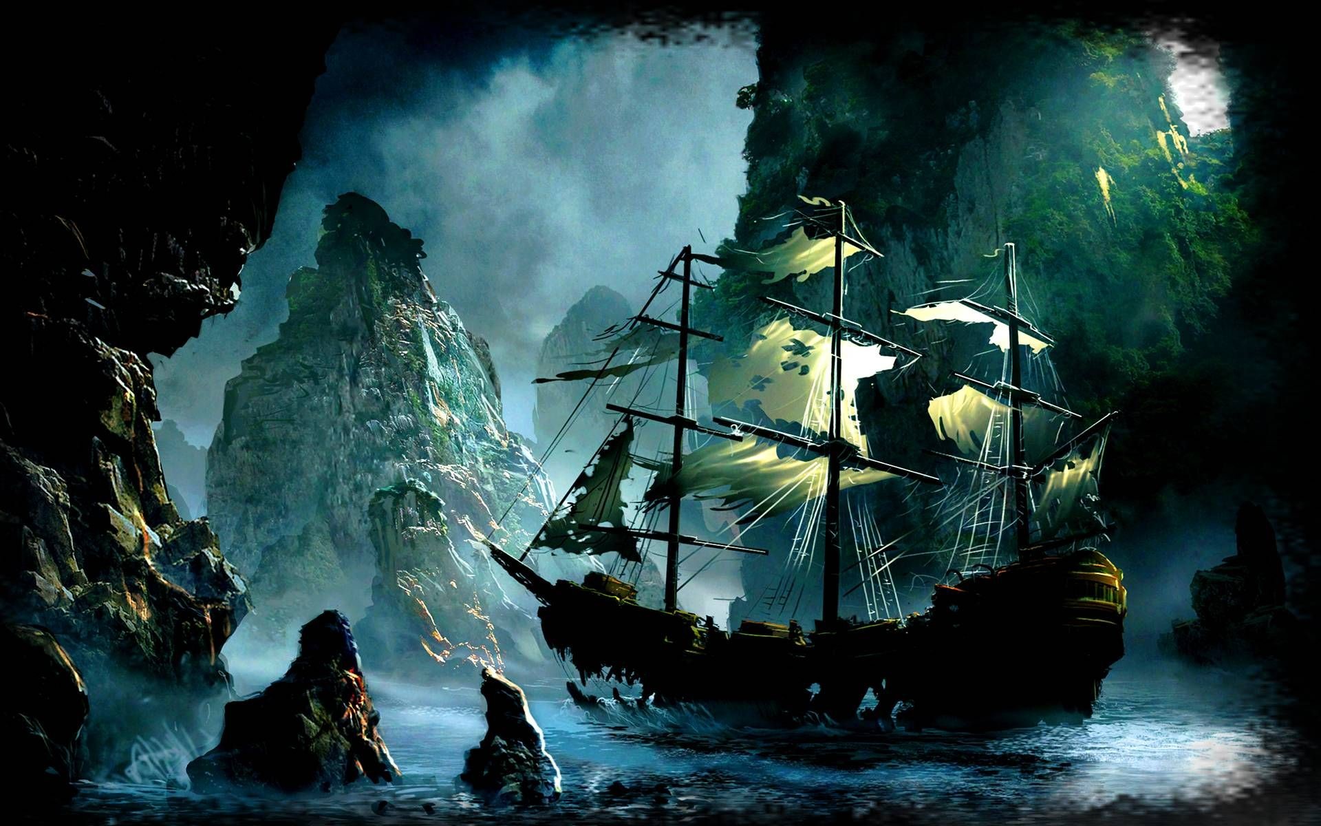 1920x1200, Ghost Pirate Ship Backgrounds For Desktop - Pirate Ship In Cave - HD Wallpaper 
