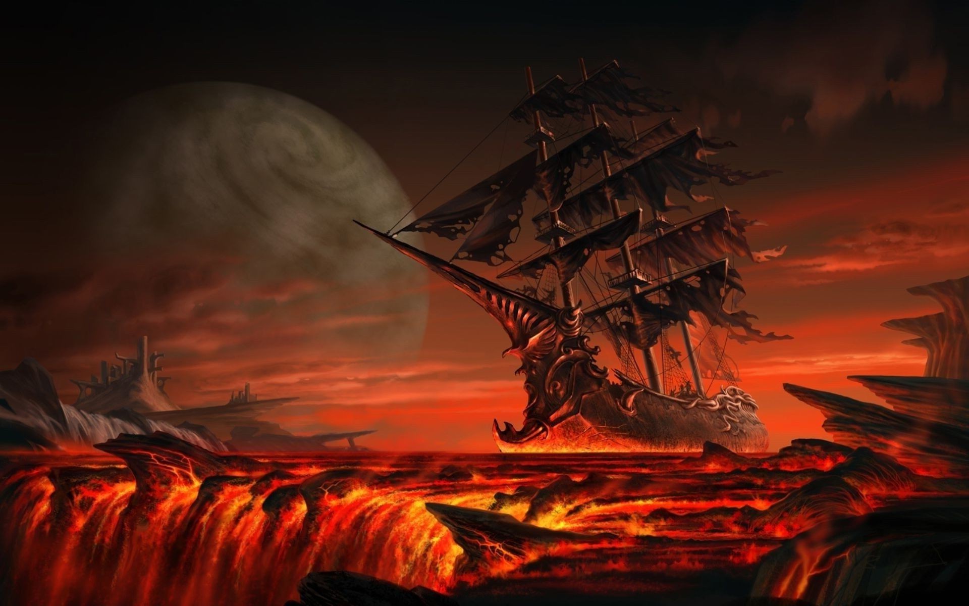 Fantasy Sunset Evening Dawn Art Landscape Light Water - Pirate Ships - HD Wallpaper 