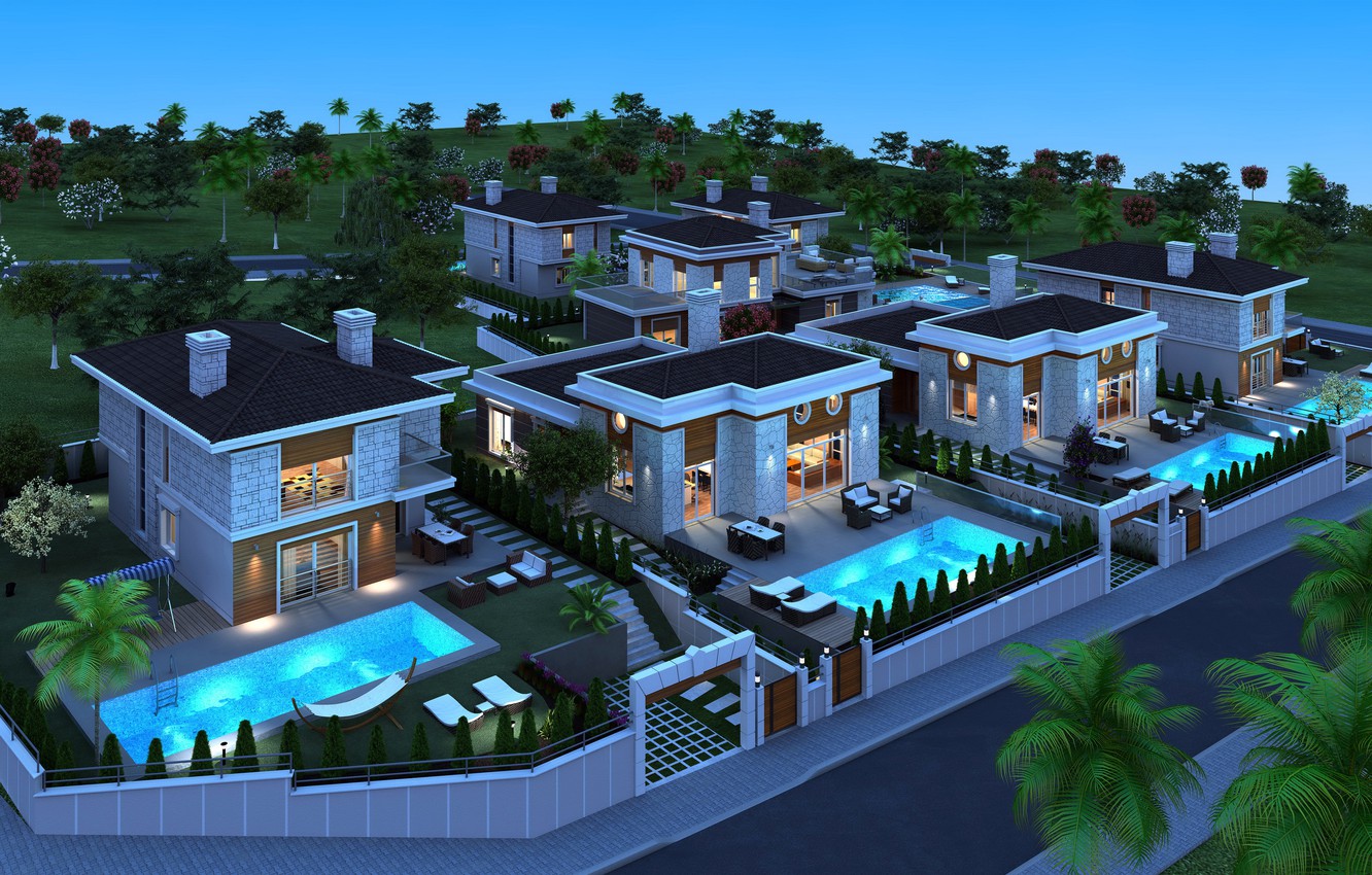 Photo Wallpaper Night, Photo, Home, Mansion, 3d Graphics - Life Port Aya Yorgi Çeşme - HD Wallpaper 