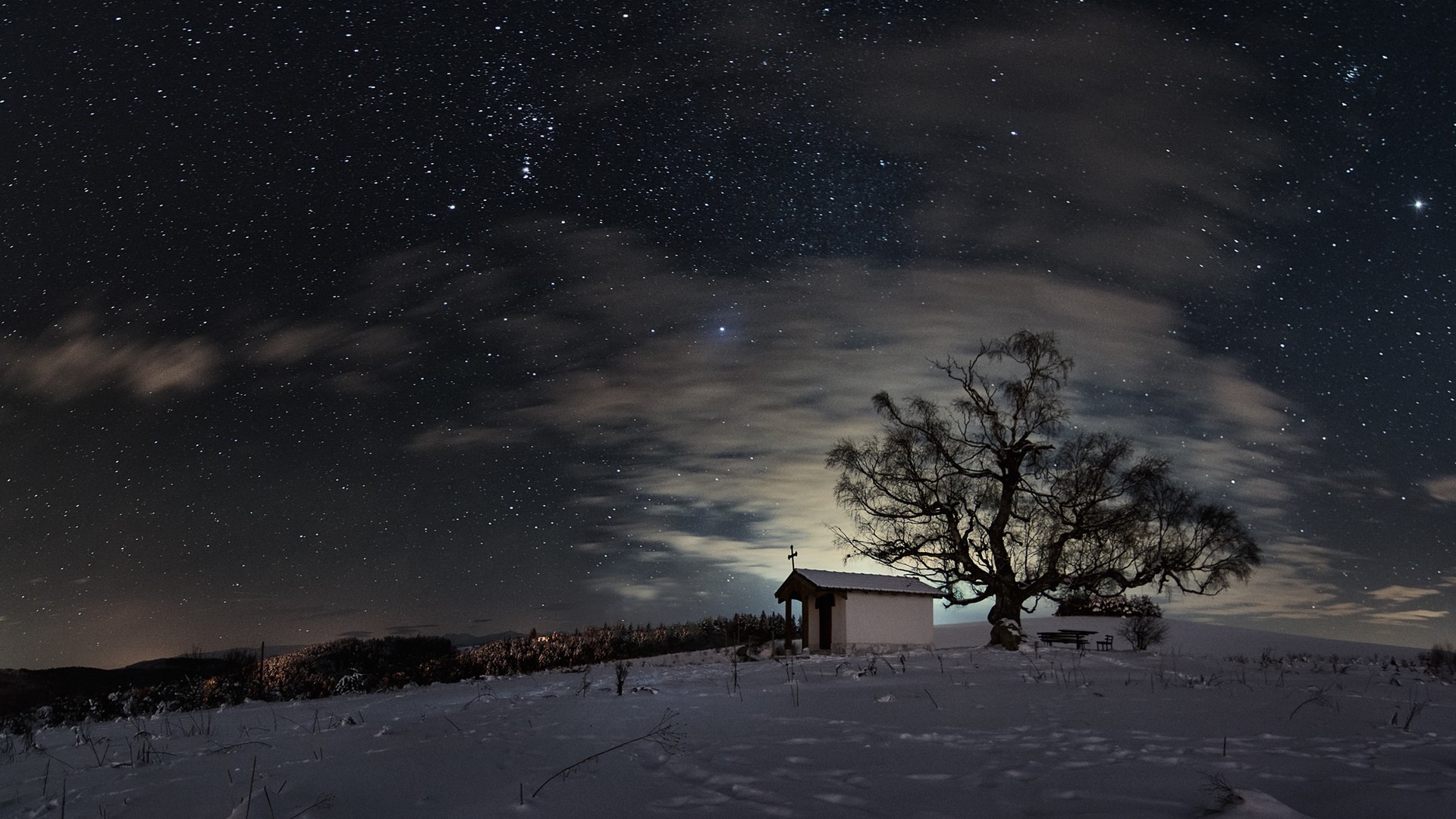 Winter, Snow, Clouds, Night, Sky, Stars, Church, Cross, - Snow Clouds At Night - HD Wallpaper 