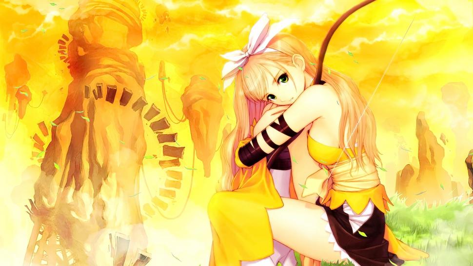 Anime Tony Taka Long Hair Smiling Anime Girls Sky Shining - Green Eyes Long Hair Blonde Anime Girl - HD Wallpaper 