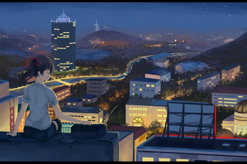 Night, Building, Rooftops, Anime Girls, City, Lights - Building Rooftop At  Night - 970x646 Wallpaper 