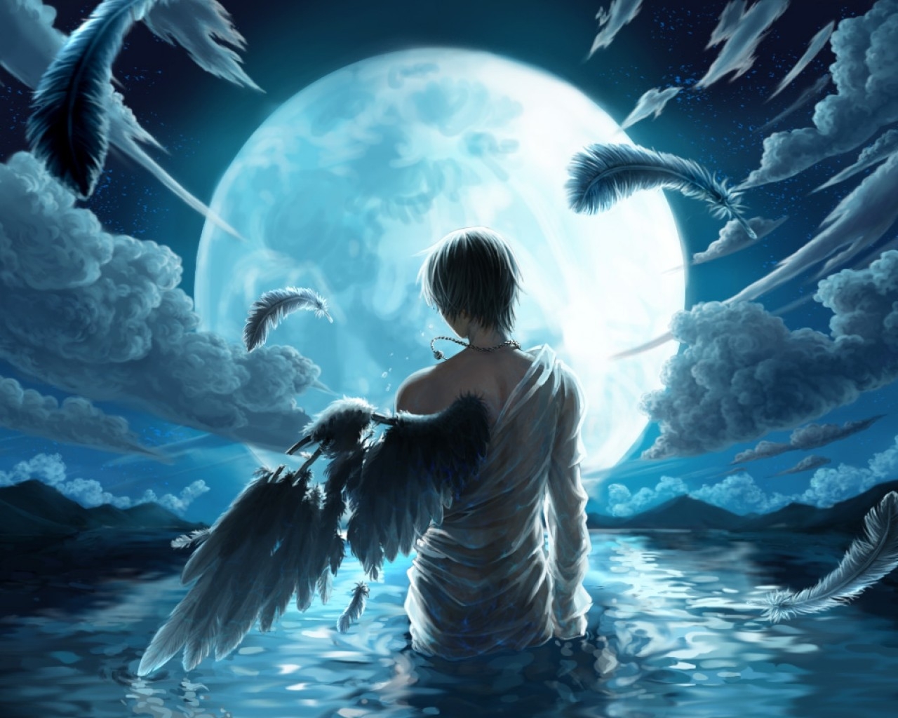 Anime Boy Looking At The Moon - HD Wallpaper 