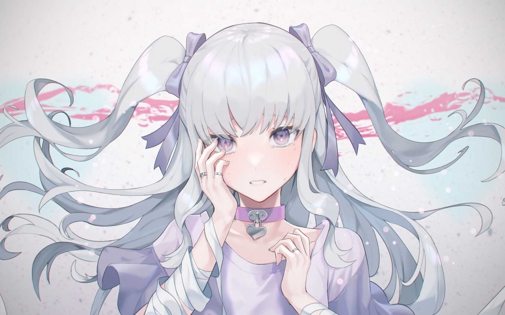 Crying, Anime Girl, Tears, Gray Hair, Sadness, Choker, - HD Wallpaper 