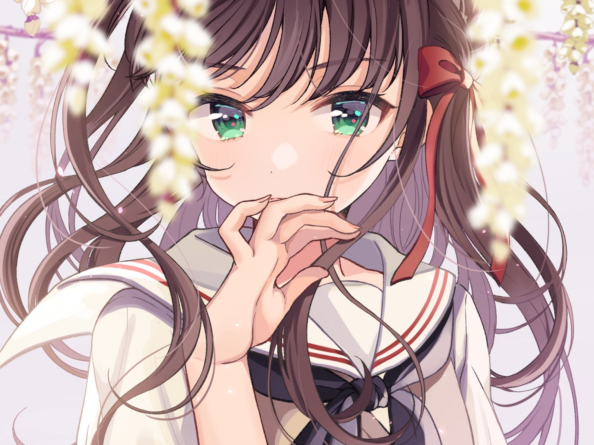 Anime Girl, Flowers, Brown Hair, School Uniform, Green - HD Wallpaper 