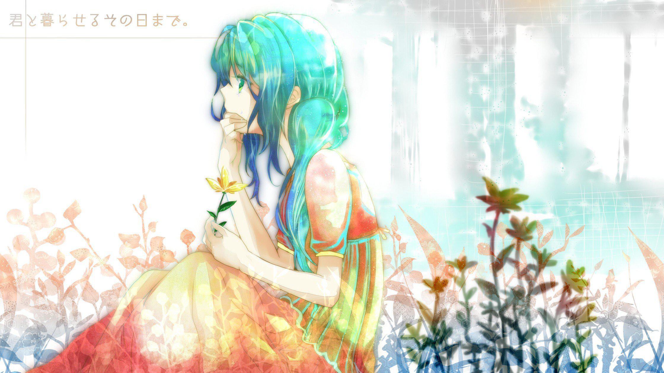 Vocaloid Dress Flowers Hatsune Miku Long Hair Green - Anime Flower Wallpaper Miku - HD Wallpaper 