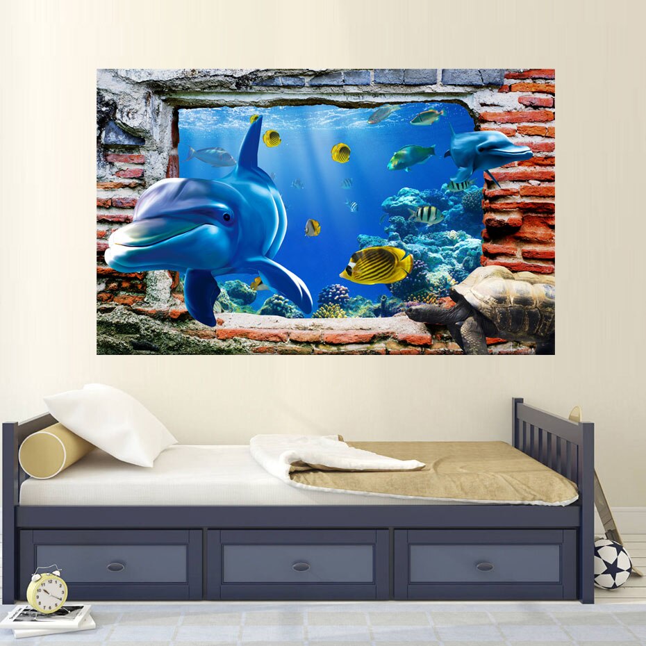 3d Dolphin Fish Sea Wall Stickers Under Water World - Boys Room With World Map Sticker - HD Wallpaper 