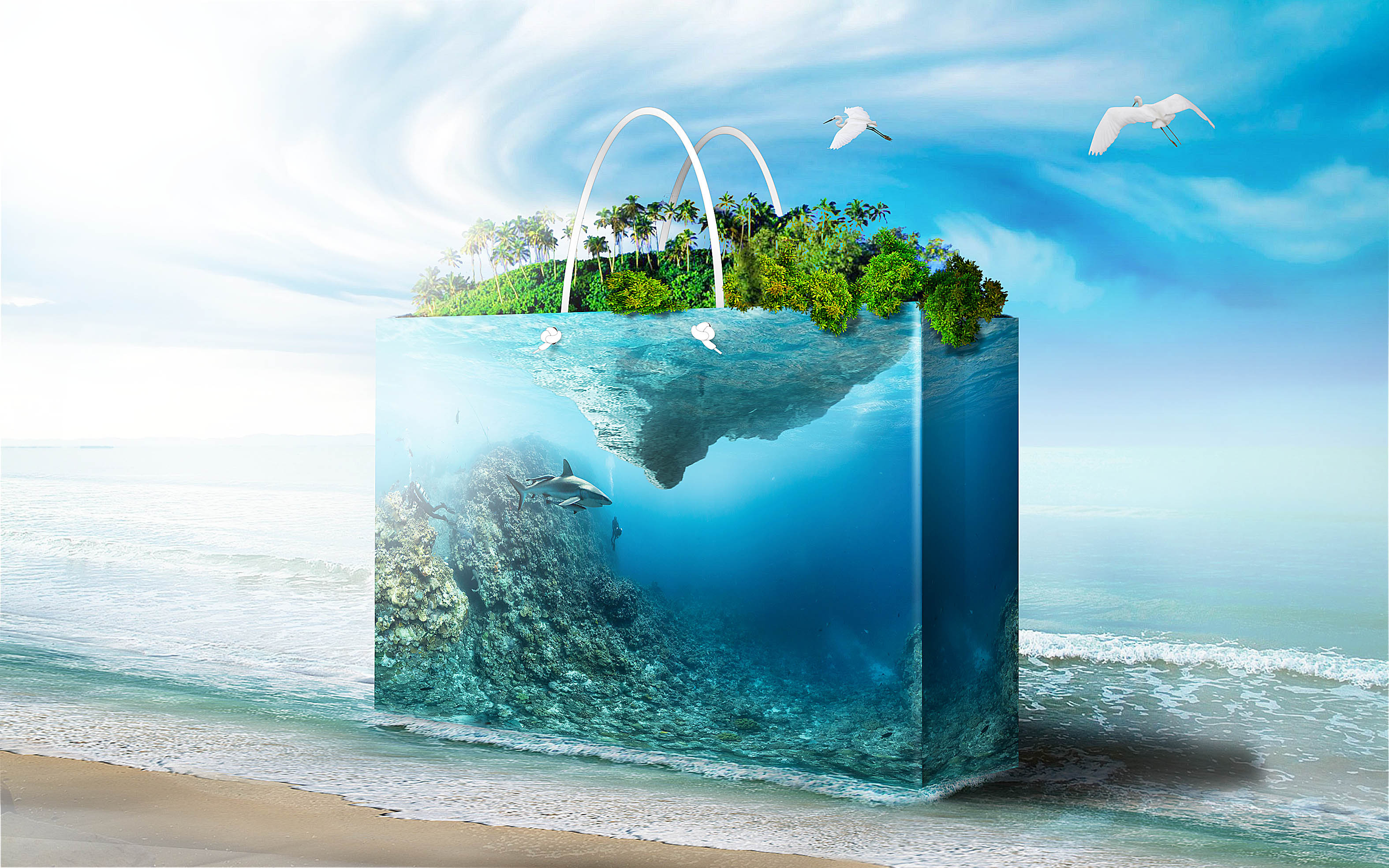 Sea, Shore, Bag, The Ocean, Shark, Rock, Island, Trees, - Shark Photo Manipulation - HD Wallpaper 