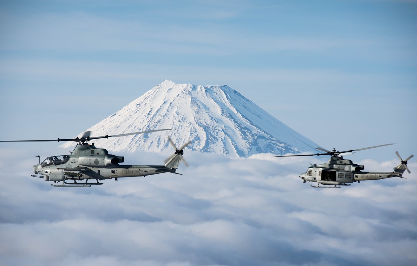 Photo Wallpaper Helicopter, Fuji, Uh 1y Venom, Us Marine - Ah 1z Attack - HD Wallpaper 