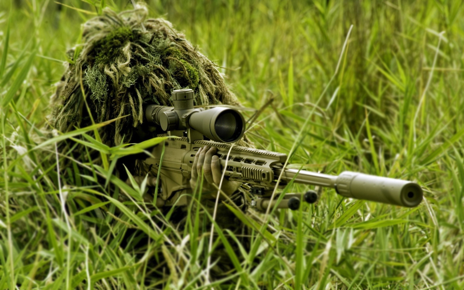 Infantry Grass Gun Weapon Nature Army War Camouflage - Ghillie Sniper - HD Wallpaper 
