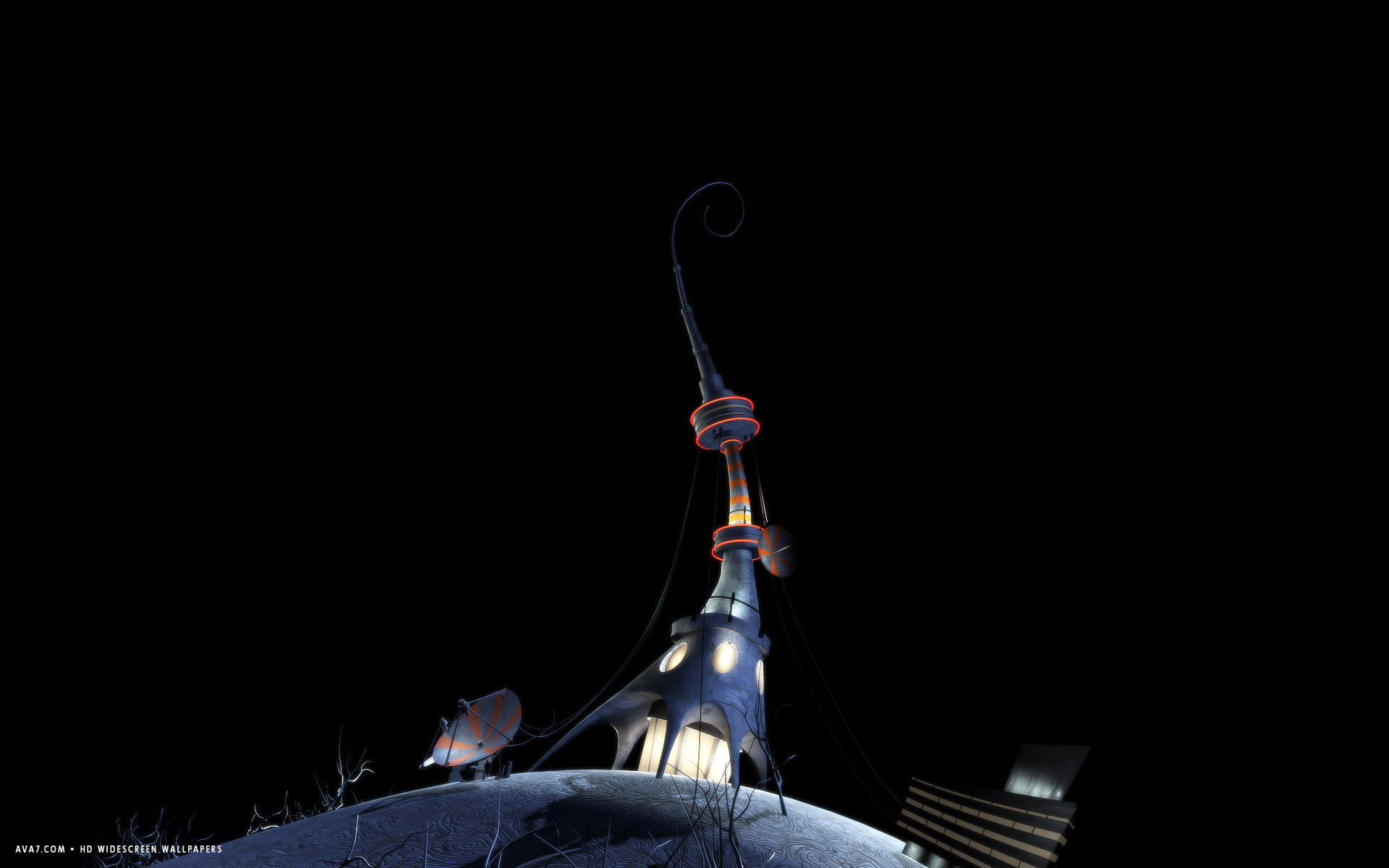 3d Fantasy Building Tower Space Station Black Hd Widescreen - Black Walpaper - HD Wallpaper 