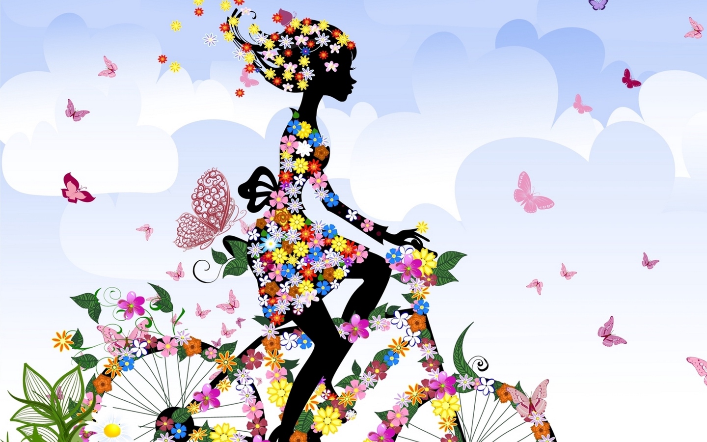 Wallpaper Girl, Bike, Flowers, Butterflies - Laptop Background Design Flower And Butterfly - HD Wallpaper 
