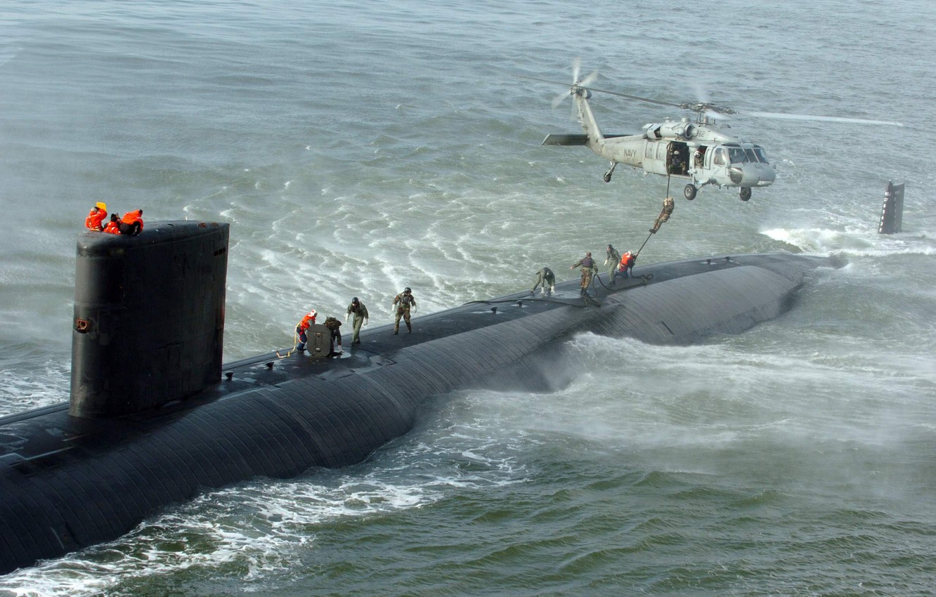 Photo Wallpaper Wave, People, Ruffle, Helicopter, Submarine, - Us Navy Submarine Helicopter - HD Wallpaper 