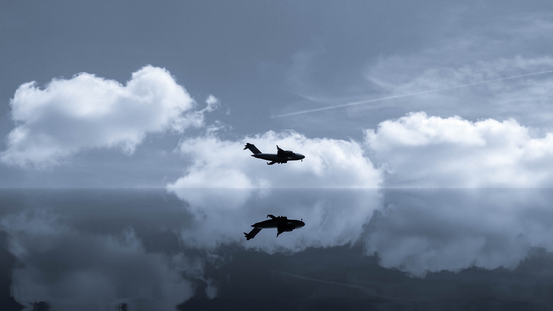 Wallpaper Plane, Sky, Reflection, Clouds, Flight, Mirror - Sky Reflection Plane - HD Wallpaper 