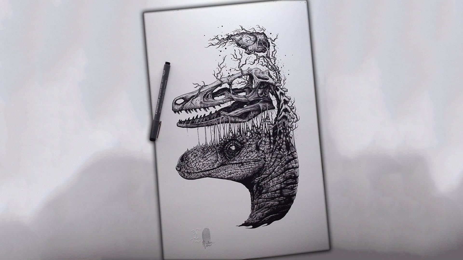 Realistic Dinosaur Skeleton Drawing - HD Wallpaper 