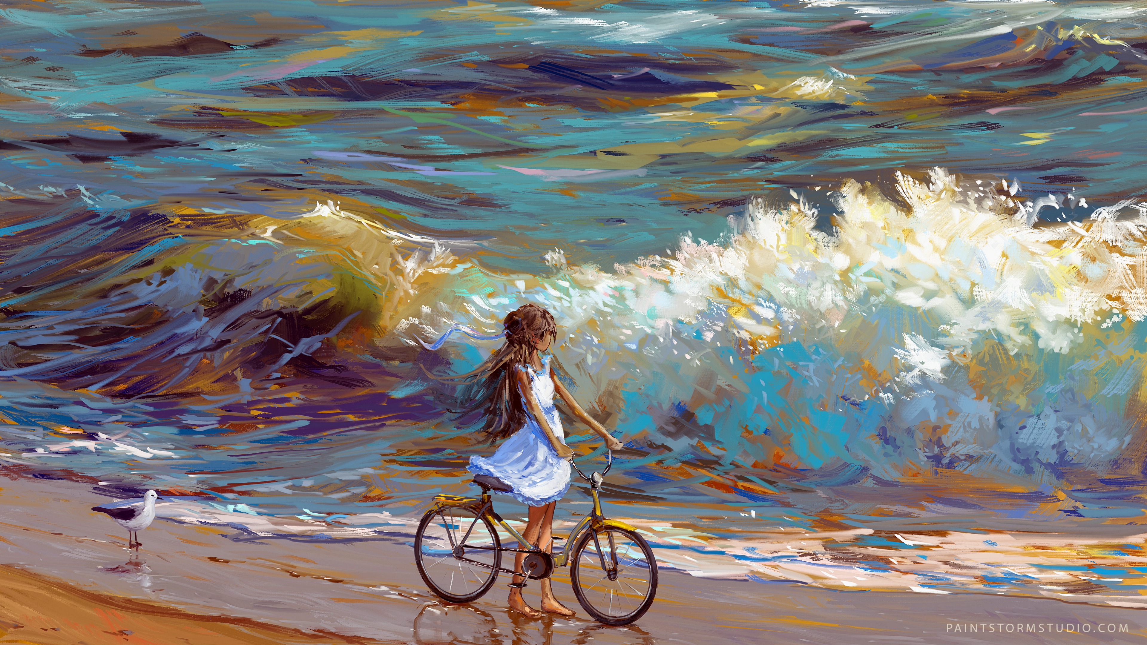 Wallpaper Cyclist, Bicycle, Child, Art, Sea, Shore - Painting Of Person Wave - HD Wallpaper 