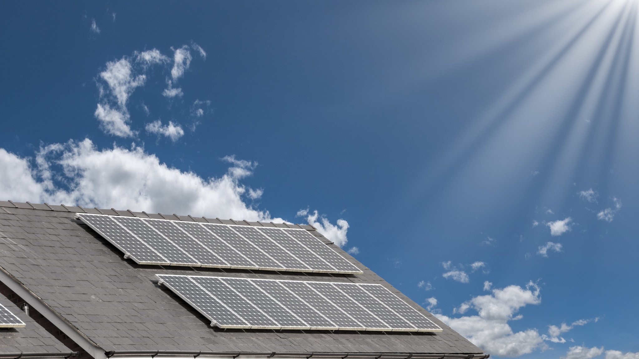 Solar Panels On The Roof Of A House Under A Bright - Solar Panels - HD Wallpaper 