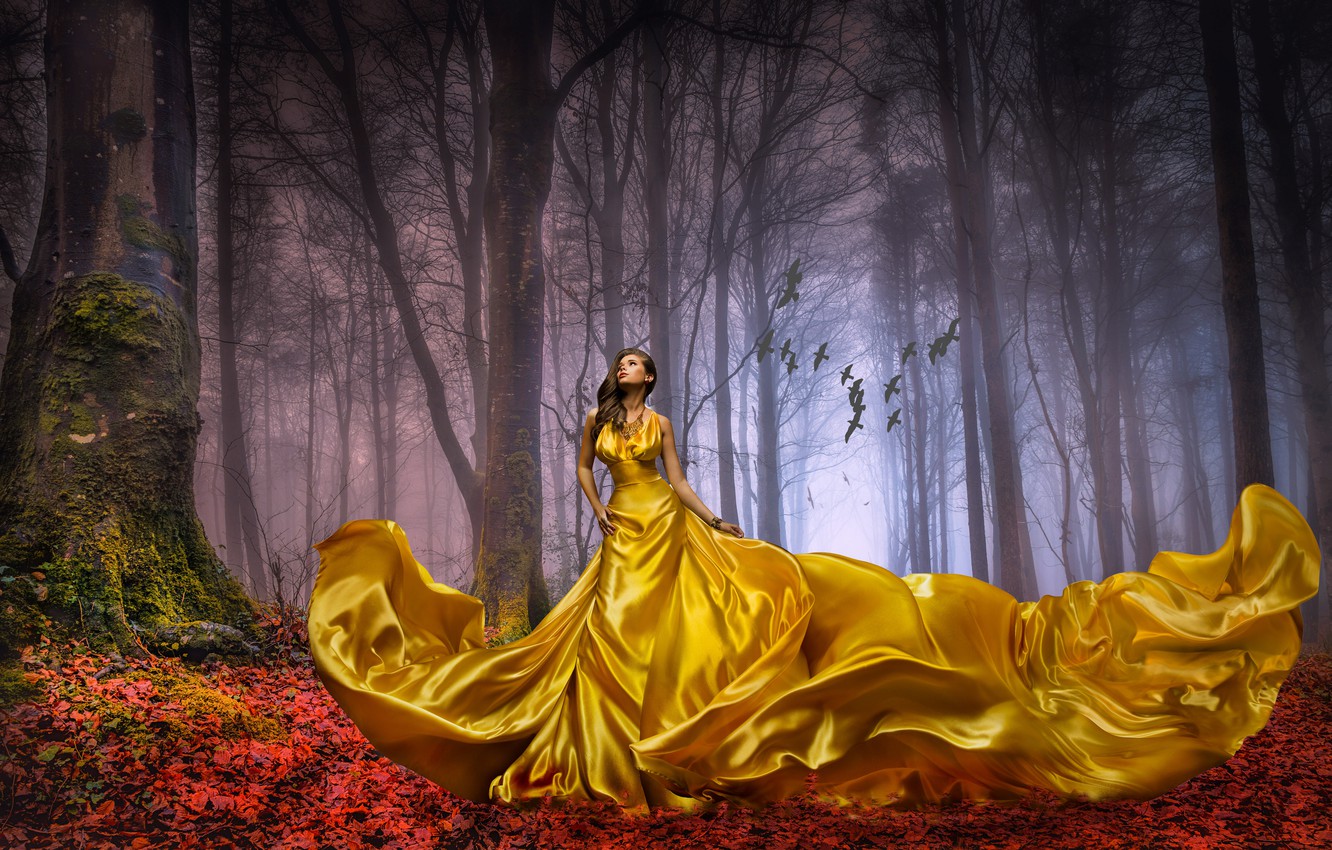 Photo Wallpaper Autumn, Forest, Leaves, Girl, Trees, - Girl In Dress Landscape - HD Wallpaper 