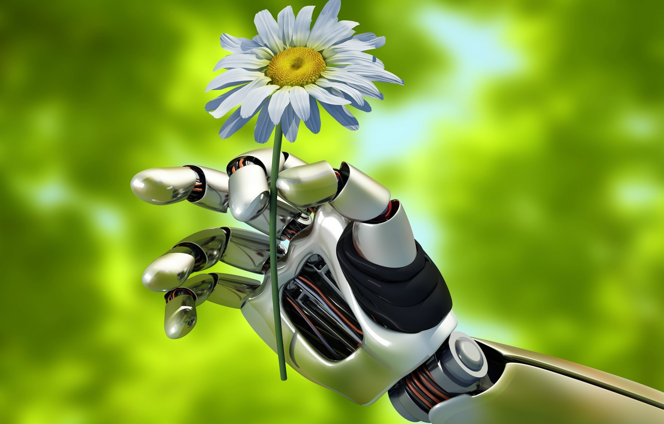 Photo Wallpaper Summer, Macro, Nature, Mechanism, Robot, - Robot Hand With Flower - HD Wallpaper 