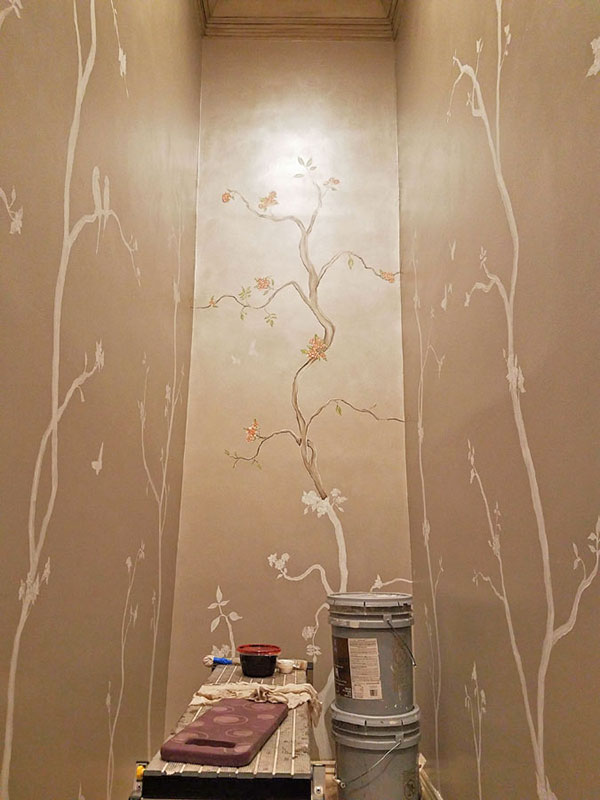 Adding Metallic Paint Glazes To An Ongoing Chinoiserie - Wall - HD Wallpaper 