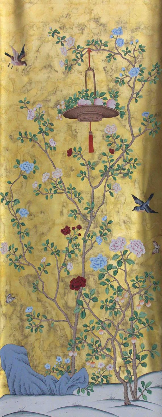 Chinoiserie Hand Painted Silk Wallpaper Wallcovering - Motif - HD Wallpaper 