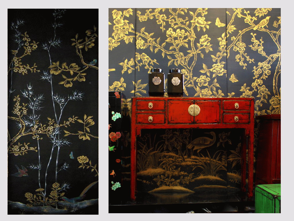 Chinoiserie Painting Black Gold - HD Wallpaper 
