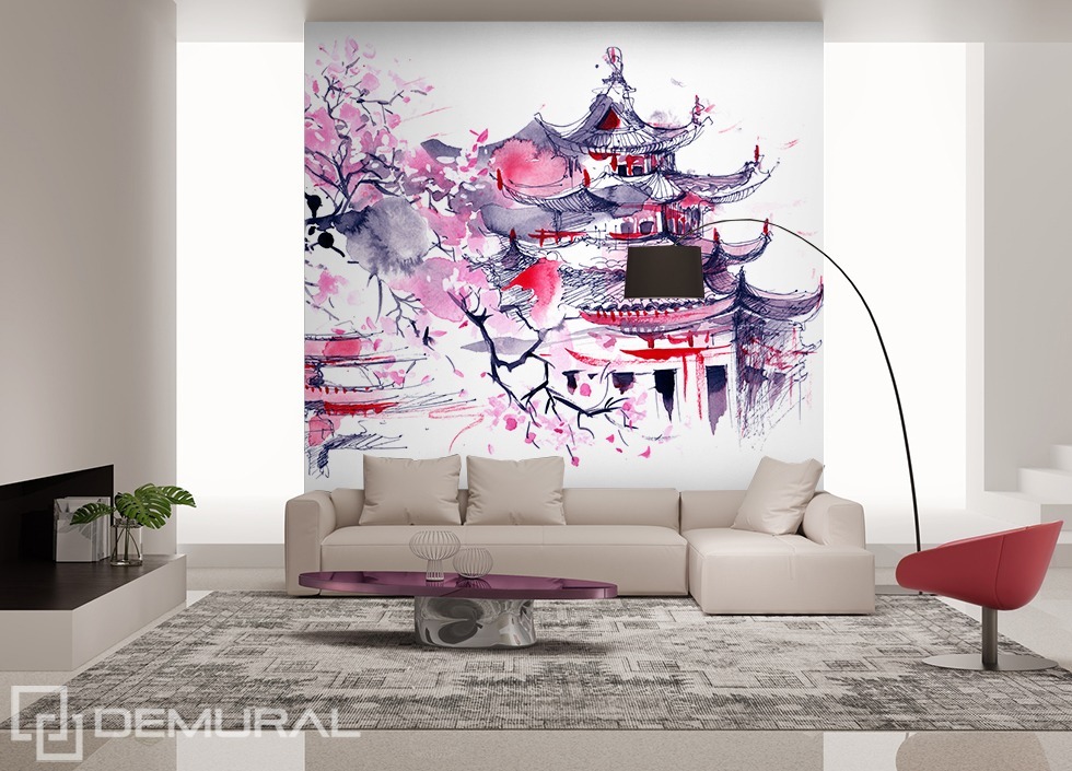 Land Of The Rising Sun Oriental Wallpaper Mural Photo - Watercolor And Ink Poster - HD Wallpaper 