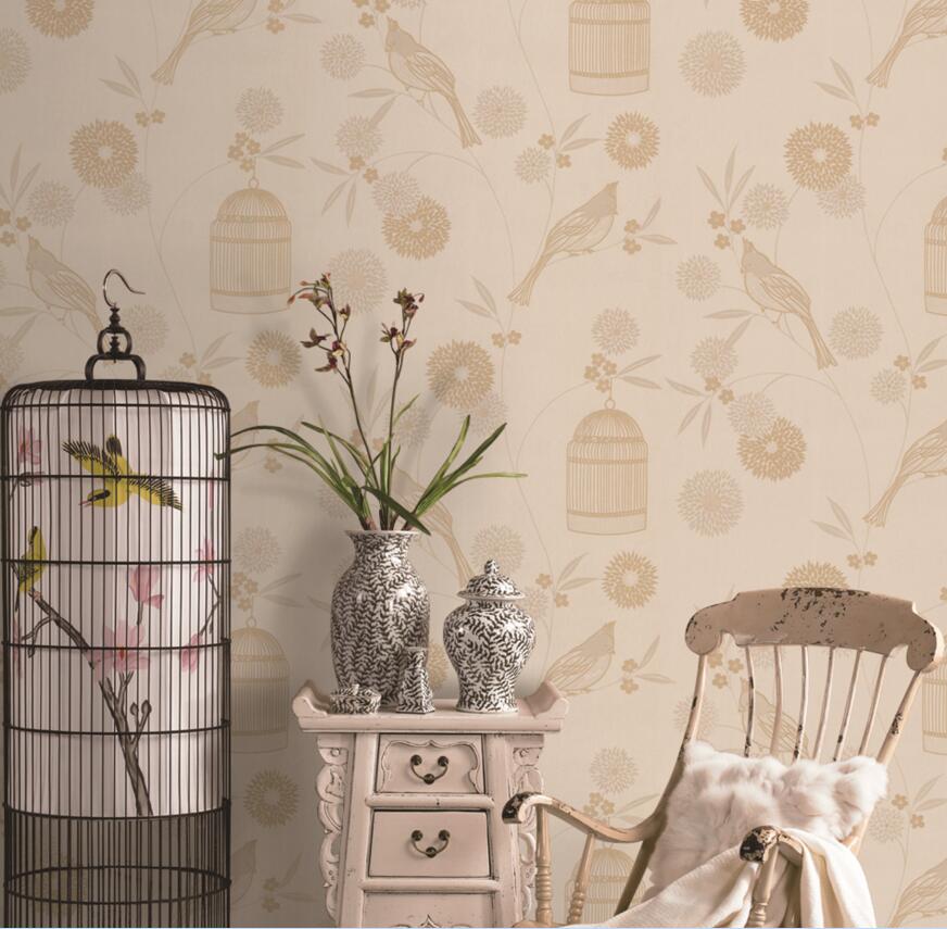 Graceful Flowers & Birdcage Oriental Style Nonwoven - Tecido Para Parede Gaiola - HD Wallpaper 