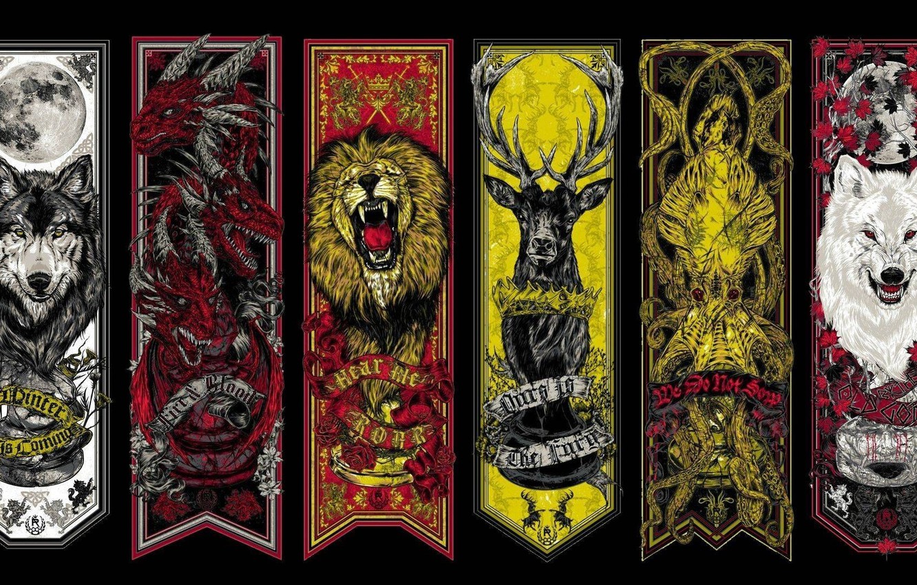 Photo Wallpaper Moon, Crow, Lion, Wolf, Dragon, A Song - Game Of Thrones House Old Gods - HD Wallpaper 