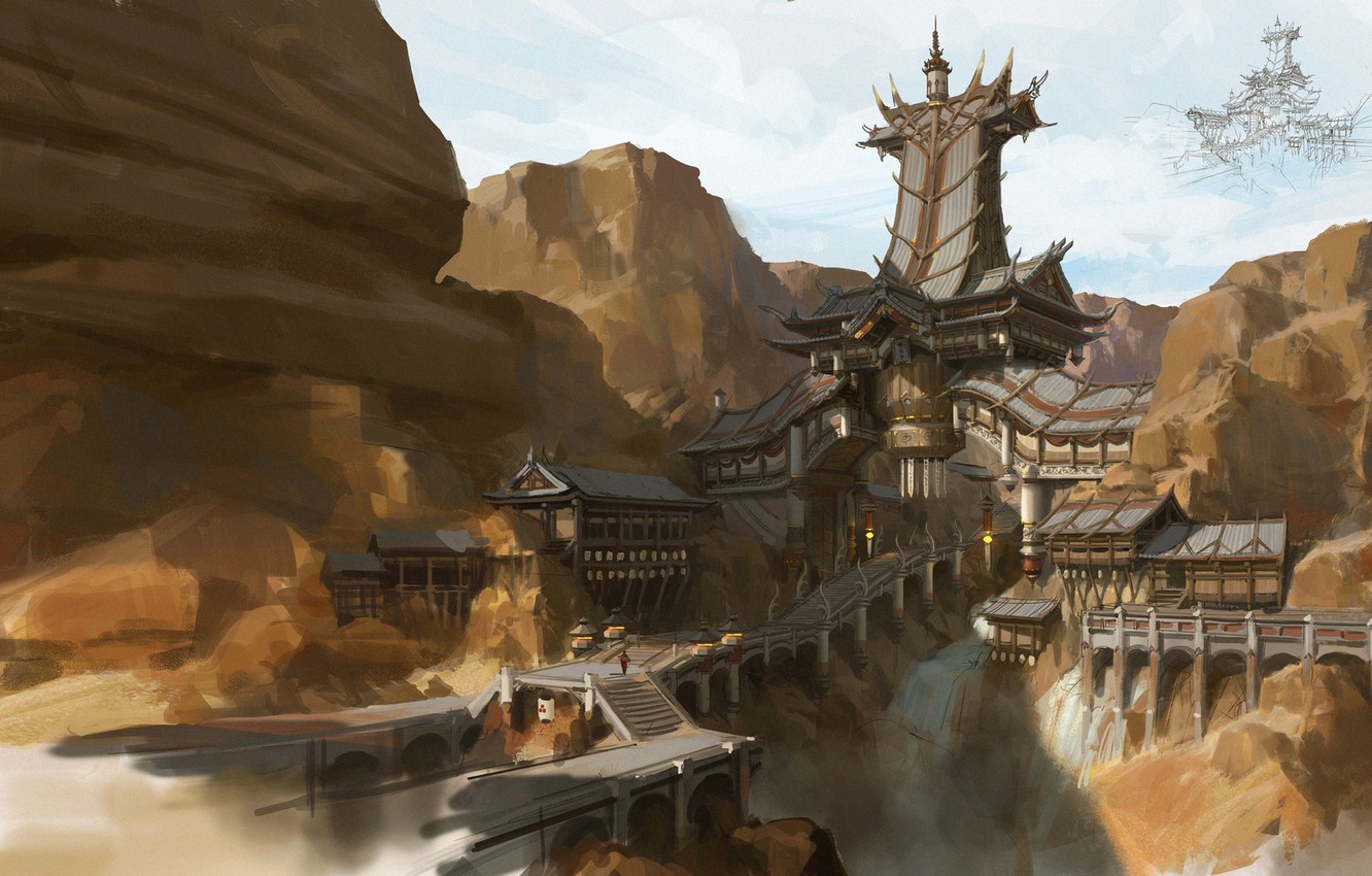 Photo Wallpaper Mountains, Style, The Building, Architecture, - Chinese Environment Concept Art - HD Wallpaper 