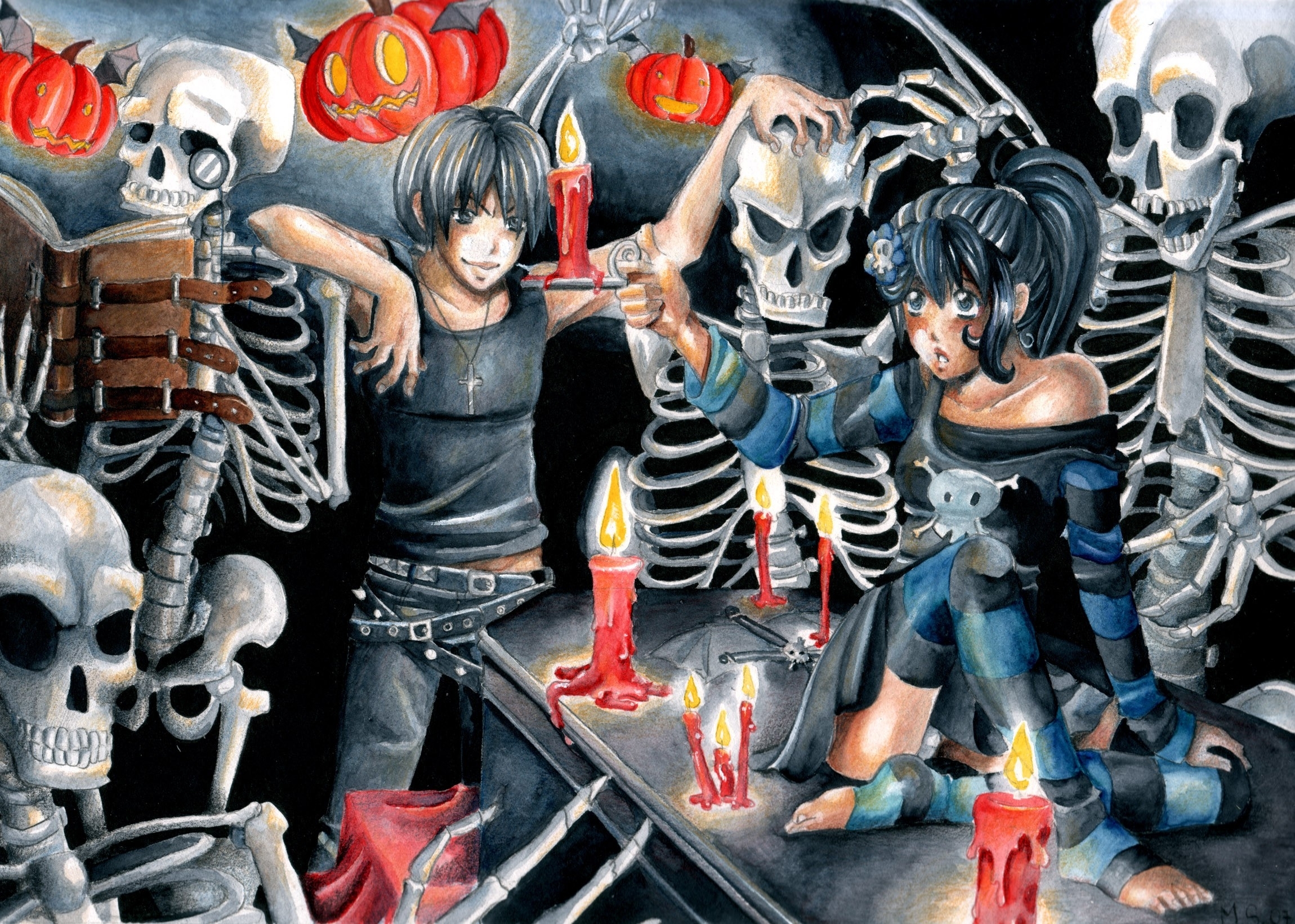 Brunettes Halloween Short Hair Skeletons Anime Boys - Esqueletos Anime Halloween - HD Wallpaper 