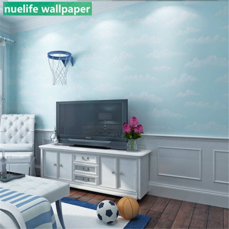 Cartoon Blue Sky White Cloud Pattern Non-woven Wallpaper - Living Room - HD Wallpaper 