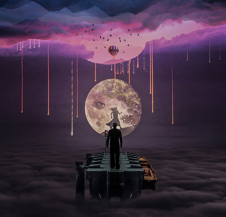 Night, Double Exposure, 4k, Purple, Clouds, Dream Girl, - Moon With A Purple Sky - HD Wallpaper 