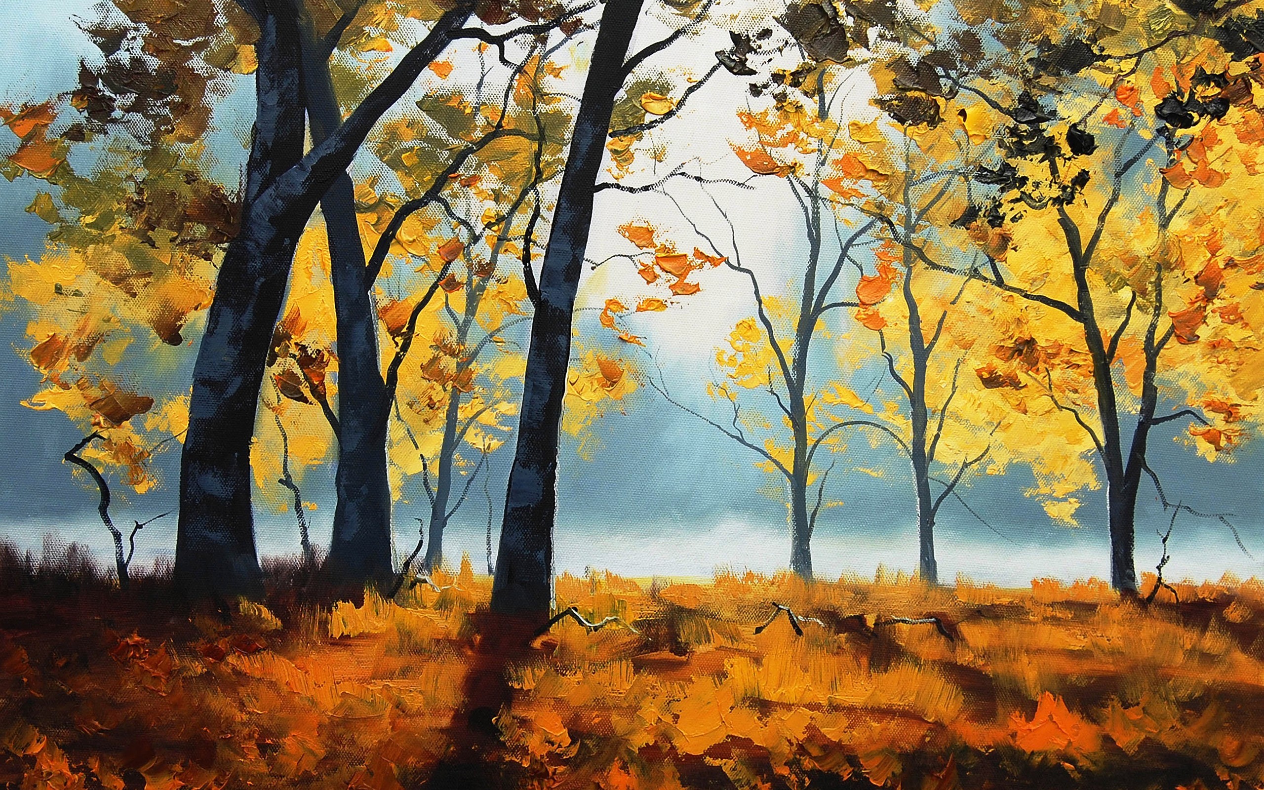 Art In The Morning Autumn Trees - Impressionistic Woodland Painting - HD Wallpaper 