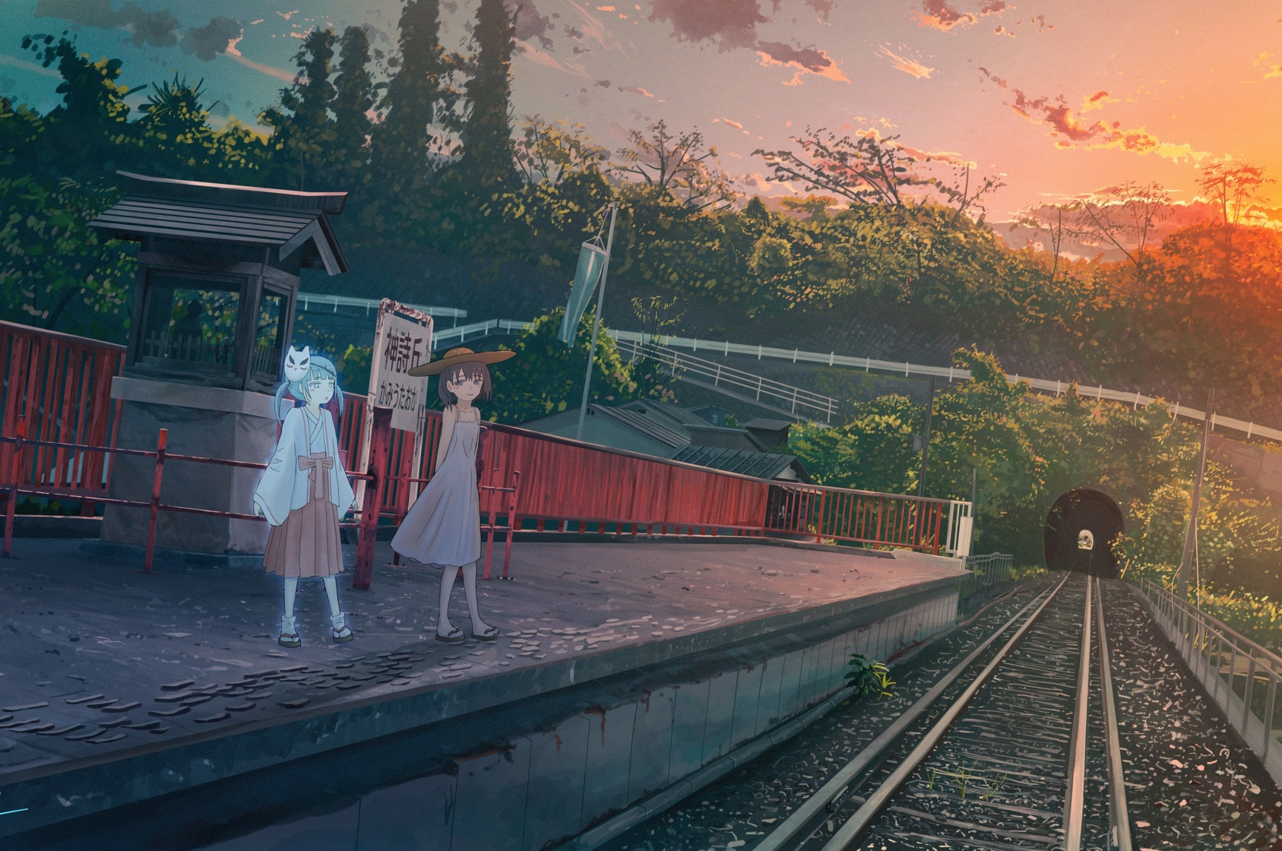 Anime Girls, Train Station, Miko, Friends, Sunset, - Track - HD Wallpaper 