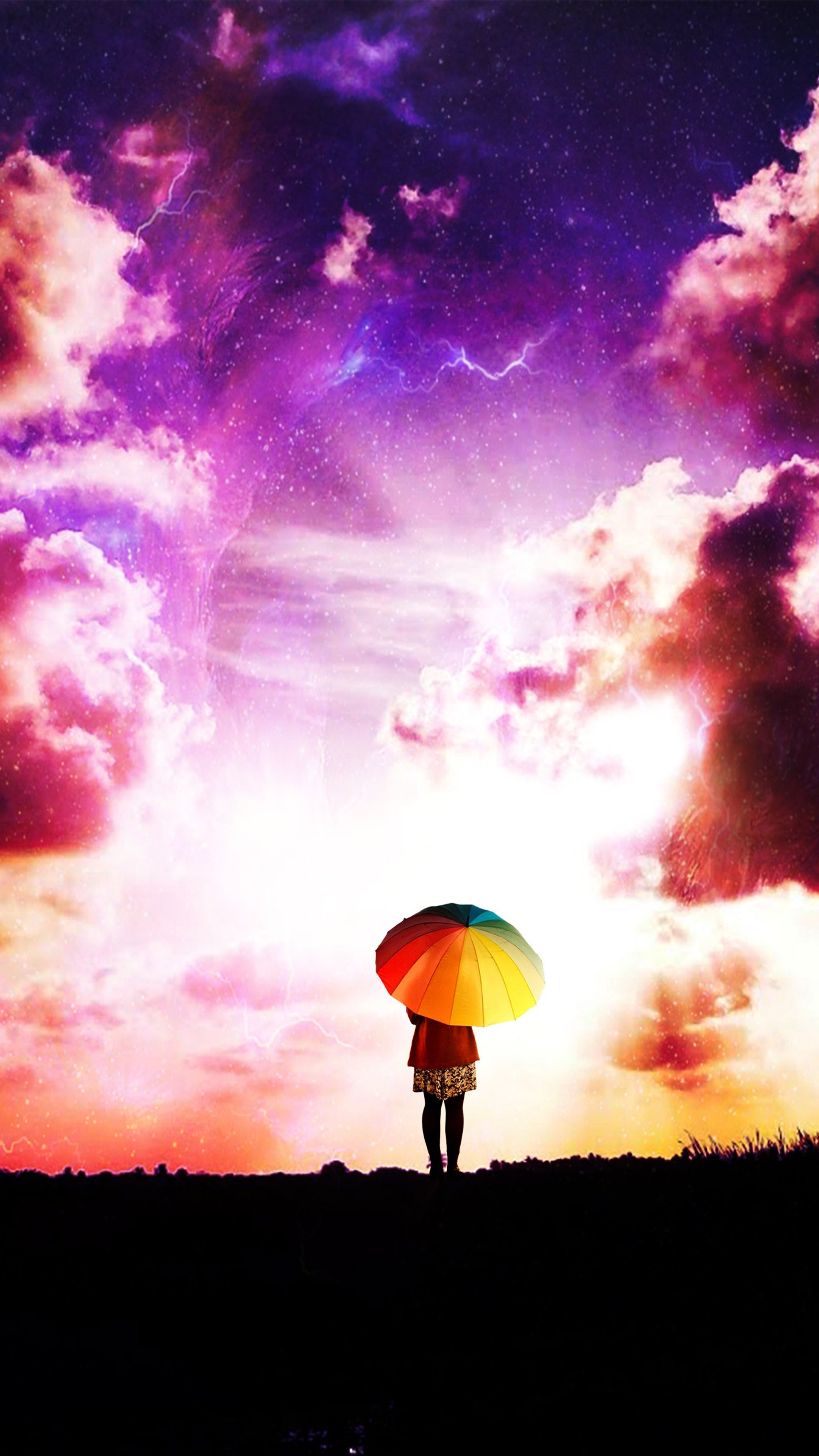 Lone Girl Colorful Umbrella Sunset Clouds 4k And Ultra - Whatsapp Wallpaper Hd 4k - HD Wallpaper 