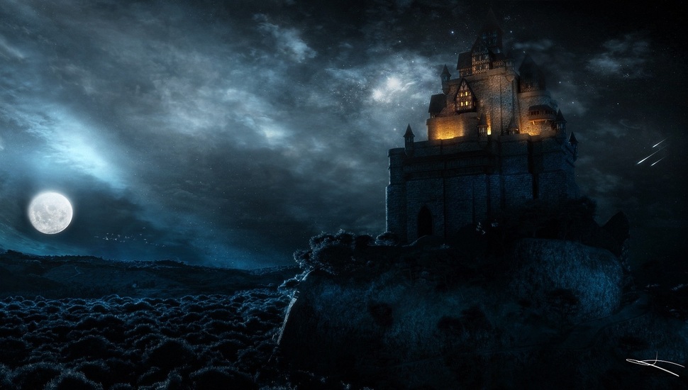 Rock, Night, Castle, Fortress, Art, The Moon, The City - Castle Night - HD Wallpaper 