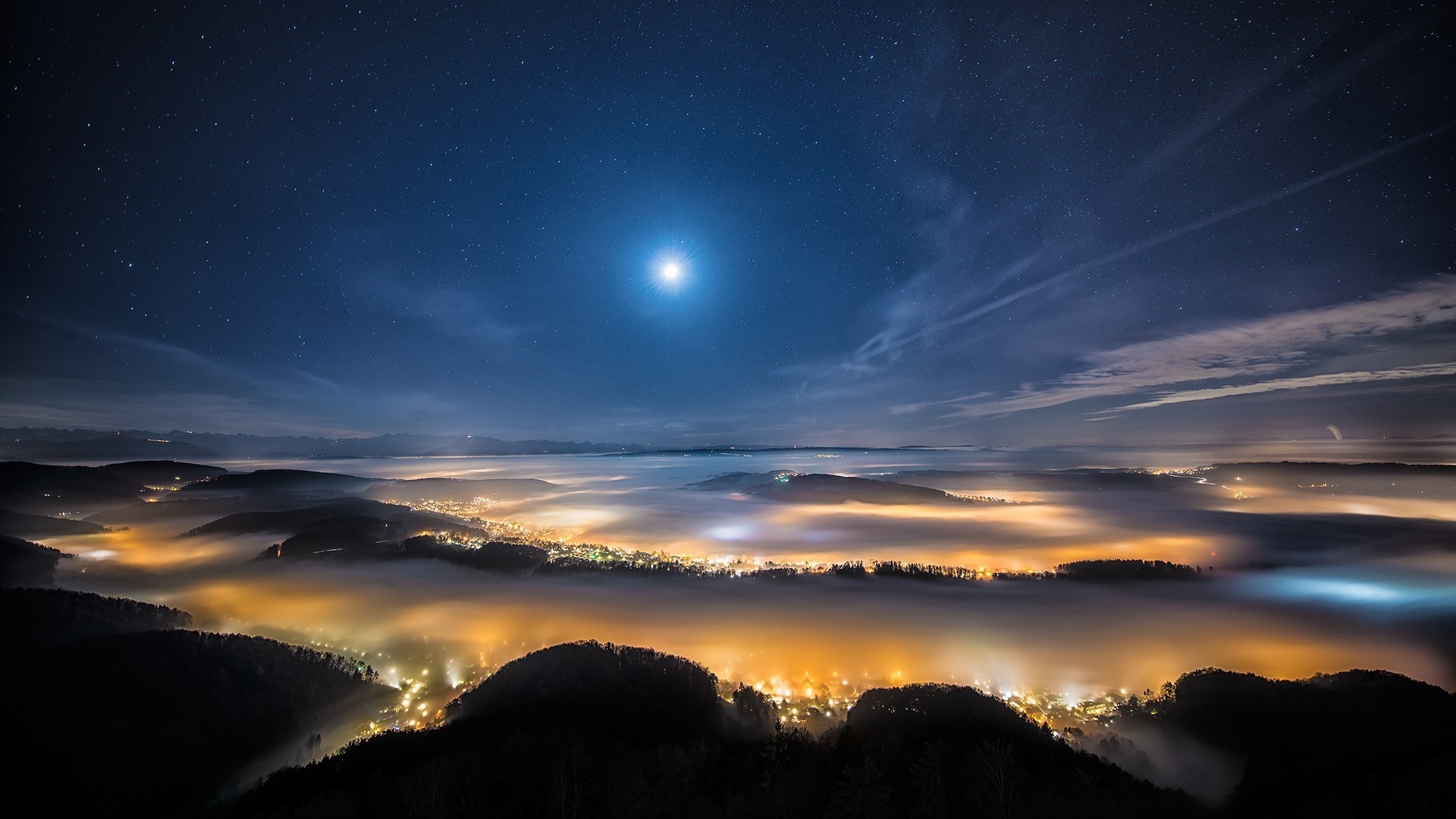 Night, Moon, City Lights, Hills, Sky, Clouds - High Resolution Night Sky City - HD Wallpaper 