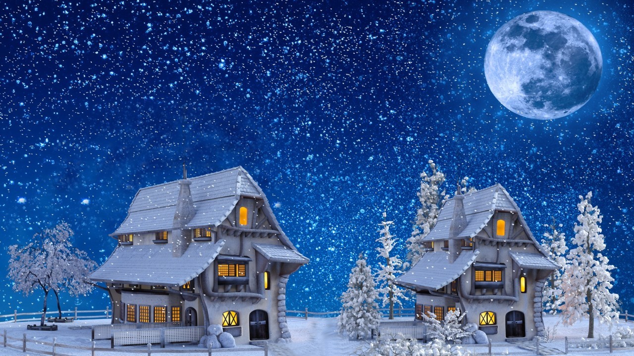 Christmas, Snow, Houses, Moon, Stars, 3d Model, Trees, - Wolf At The Night - HD Wallpaper 