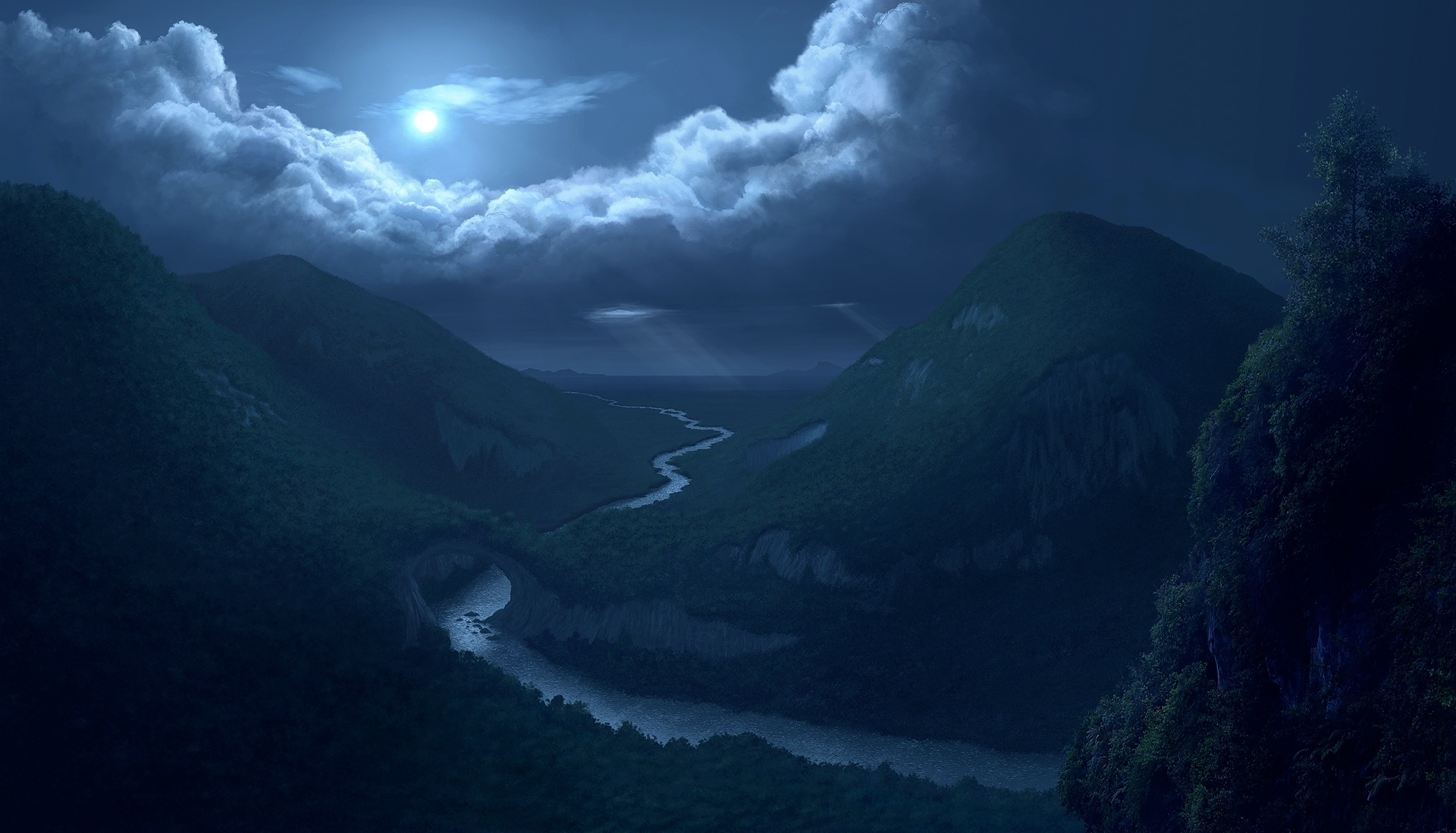 Night River Path Trough Mountains With Blue Moon Wallpaper - Night Cloud Digital Painting - HD Wallpaper 