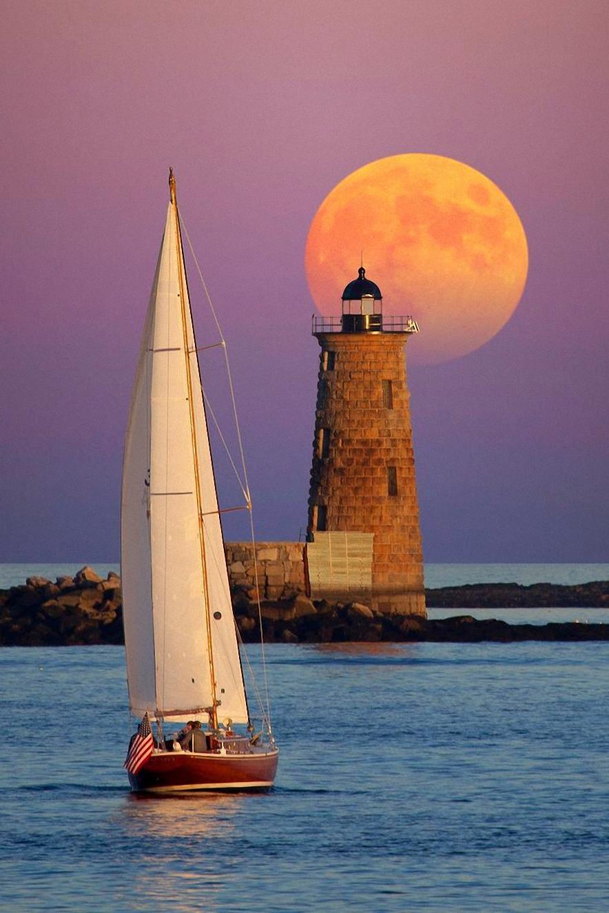 Lightshouse Moon Boat Water Sunset - Light House And A Boat - HD Wallpaper 