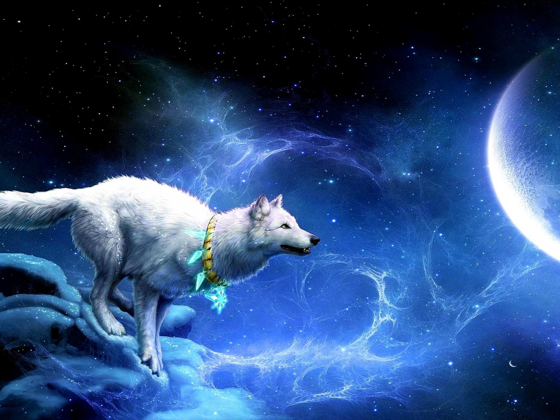 Blue Galaxy With Wolf - HD Wallpaper 